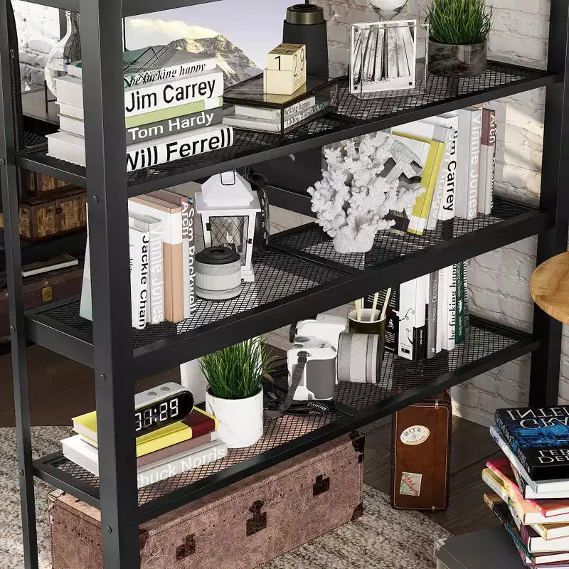Lit mezzanine Queen en métal avec bureau, étagères de rangement et tringle à vêtements, cadre de lit mezzanine peu encombrant avec garde-corps et échelle, sans sommier tapissier, noir