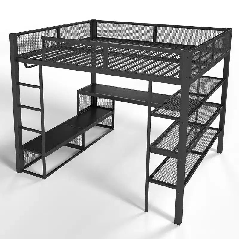 Lit mezzanine Queen en métal avec bureau, étagères de rangement et tringle à vêtements, cadre de lit mezzanine peu encombrant avec garde-corps et échelle, sans sommier tapissier, noir