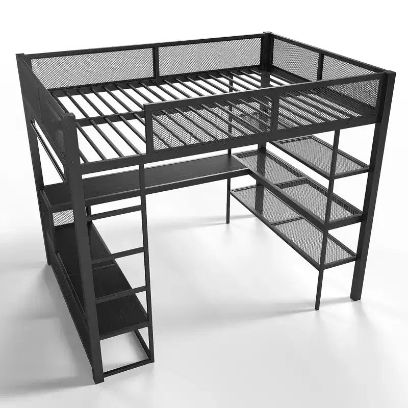 Lit mezzanine Queen en métal avec bureau, étagères de rangement et tringle à vêtements, cadre de lit mezzanine peu encombrant avec garde-corps et échelle, sans sommier tapissier, noir