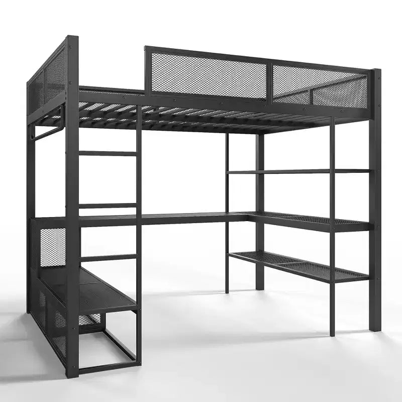Lit mezzanine Queen en métal avec bureau, étagères de rangement et tringle à vêtements, cadre de lit mezzanine peu encombrant avec garde-corps et échelle, sans sommier tapissier, noir