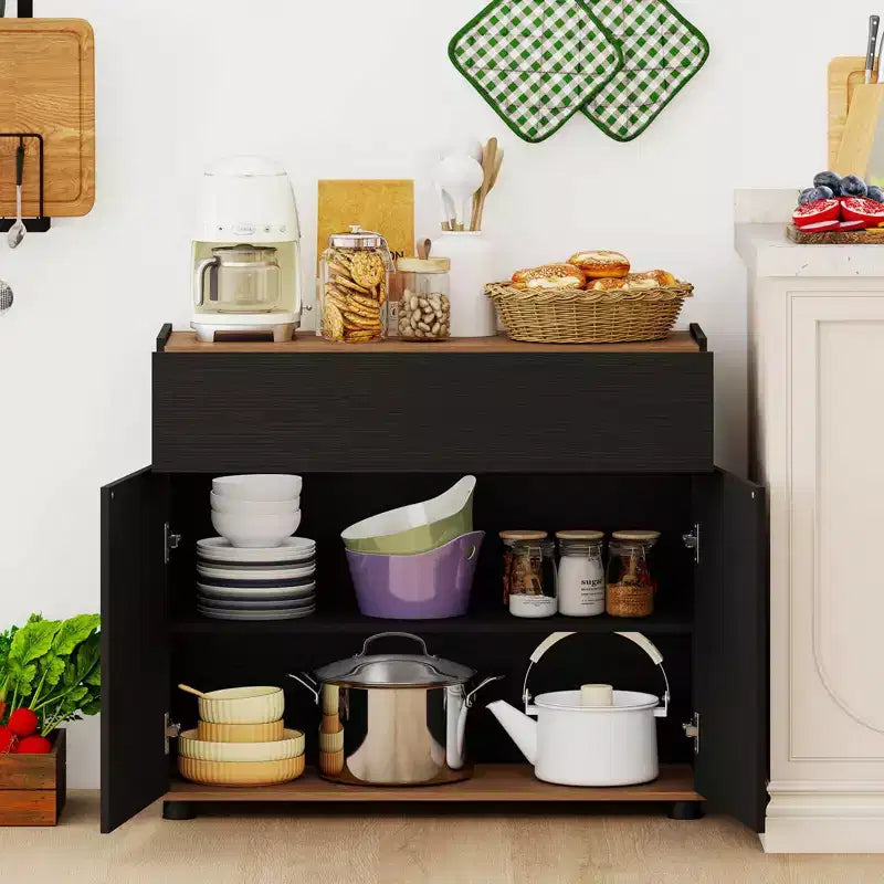 Buffet de salle à manger avec rangement, tiroir et portes à ouverture par simple pression pour cuisine Noir/Blanc