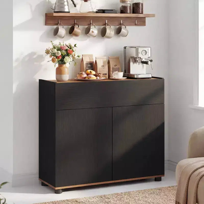 Buffet de salle à manger avec rangement, tiroir et portes à ouverture par simple pression pour cuisine Noir/Blanc