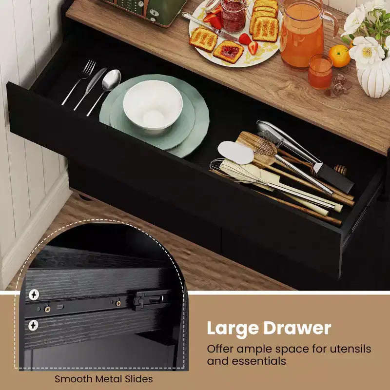 Buffet de salle à manger avec rangement, tiroir et portes à ouverture par simple pression pour cuisine Noir/Blanc