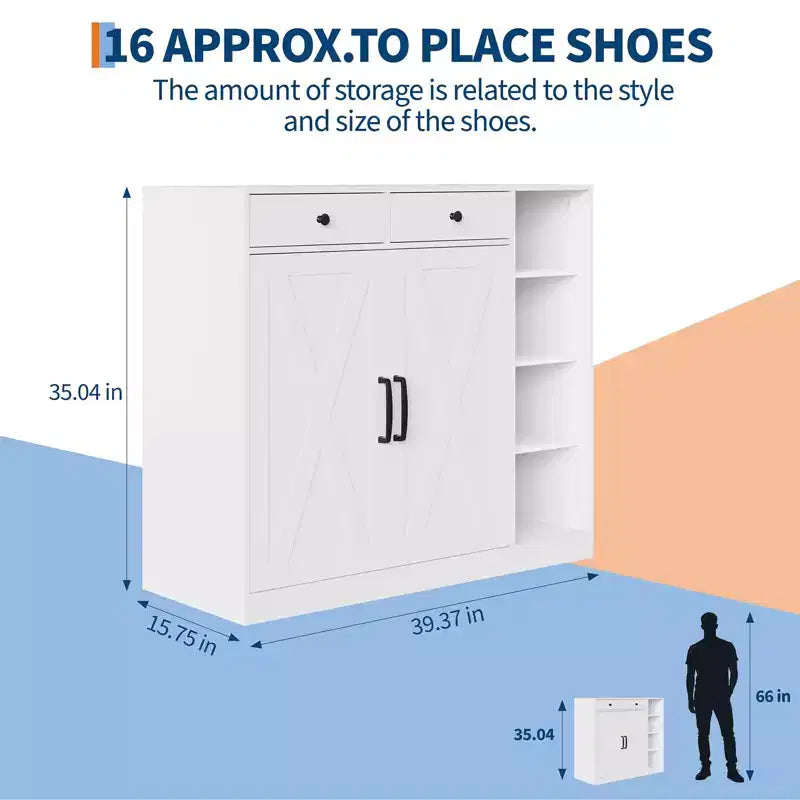 Meuble de rangement pour chaussures de ferme de 39 po avec portes de grange et tiroirs, organisateur de chaussures d'entrée avec étagères réglables et rangement ouvert