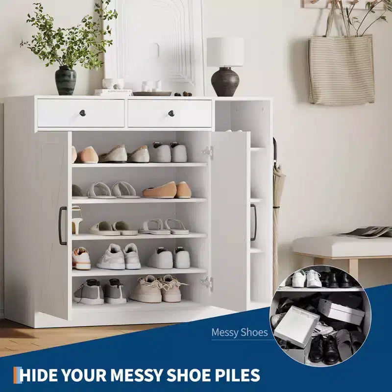 Meuble de rangement pour chaussures de ferme de 39 po avec portes de grange et tiroirs, organisateur de chaussures d'entrée avec étagères réglables et rangement ouvert