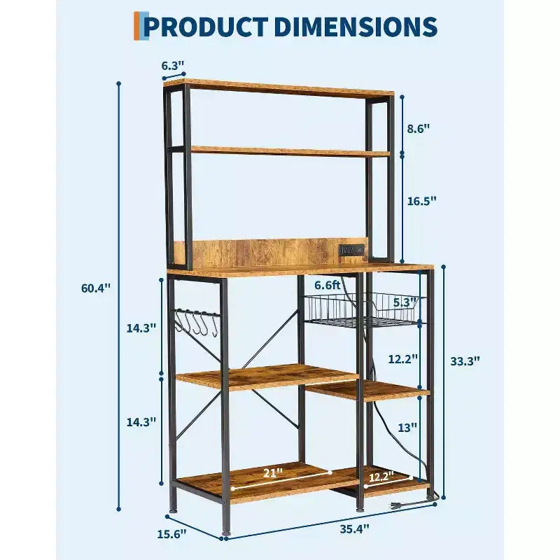 Étagère de Boulanger Rustique Marron avec Prise Électrique, Étagère de Rangement de Cuisine à 4 Niveaux, Support à Micro-ondes, Crochets, Organisateur en Métal et Bois pour Café Épices