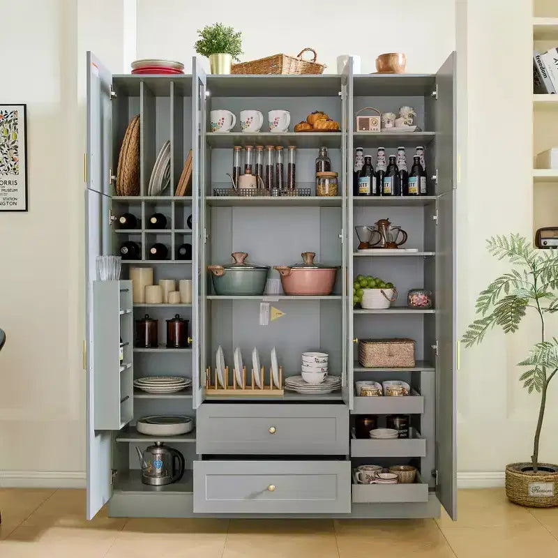 Garde-manger de cuisine autoportant de 71''H, Grand buffet de rangement de salle à manger avec 6 portes, Étagères réglables