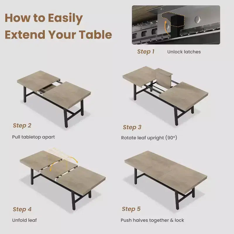 Table à manger industrielle extensible de 160 à 210 cm. Table de cuisine rectangulaire extensible pour 6-8 personnes. Cadre en métal pour salle à manger.