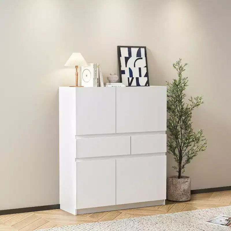 Meuble de rangement en bois blanc avec 4 portes et 2 tiroirs