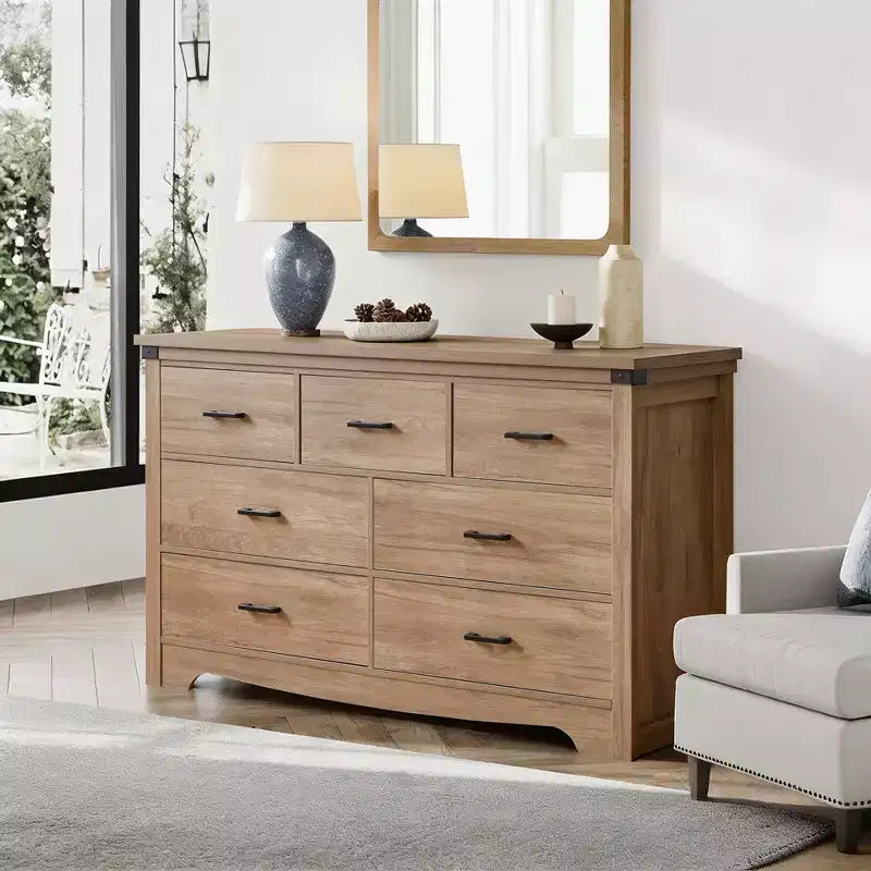 Commode de chambre à 7 tiroirs de style ferme, commodes de 79,8 cm de haut, commode rustique en bois avec poignée en métal, organisateur de rangement pour chambre.